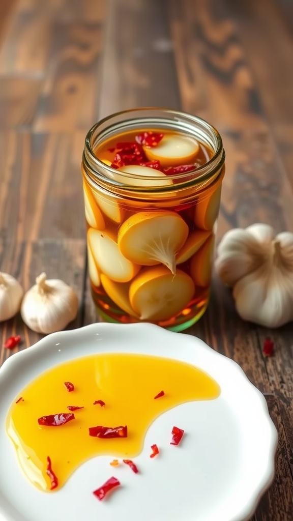 A glass jar of garlic chili oil with garlic slices and chili flakes, on a wooden table.